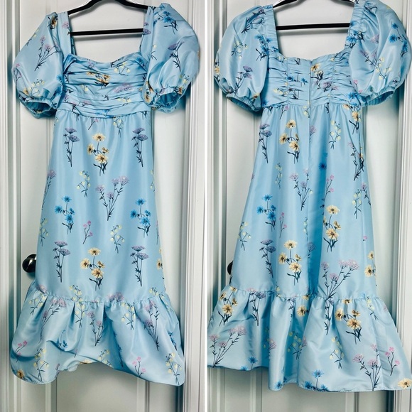 Self-Portrait Watercolour Puff Sleeve Taffeta Blue Floral Midi Maxi Dress 4 S - Picture 4 of 15